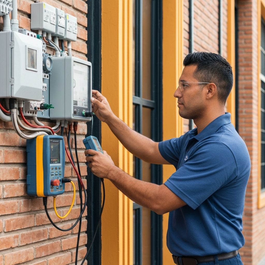 Electricista realizando mantenimiento preventivo en un cuadro electrico en Madrid